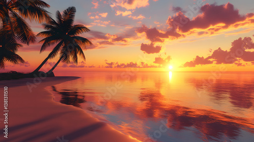 A golden sunrise over a tropical beach, with the vibrant colors of the sky reflected perfectly in the calm waters below.