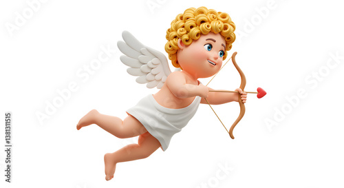 Cupid flying with bow and arrow on white background for Valentines