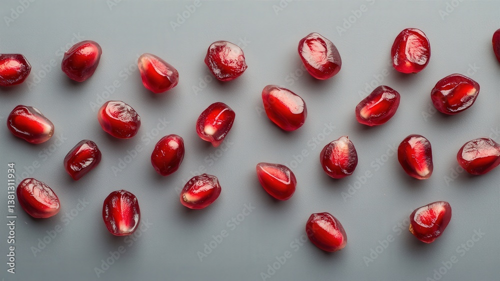 Vibrant Pomegranate Seeds Spread on a Gray Surface Vibrant Pomegranate Seeds Spread on a Gray Surface