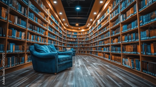 Modern library's curved bookshelf alcove with armchairs, education & research photo