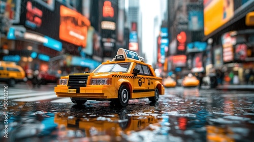 Rainy Times Square Toy Taxi Reflection