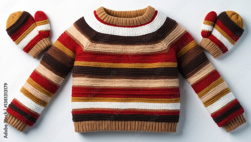 Fototapeta premium Children's striped sweater and mittens separated on a background.