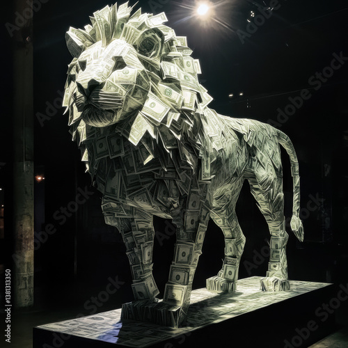 Majestic statue of a lion entirely made of folded dollar bills, glowing under a spotlight in a dark room.