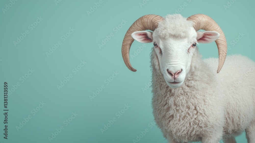 Fototapeta premium Close Up of a Majestic White Sheep with Curved Horns Against a Soft Mint Green Background