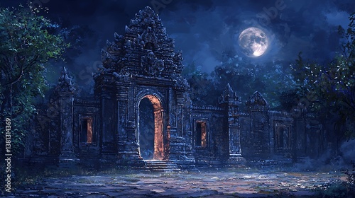 Ancient stone gateway at night under a full moon. Lush jungle surrounds the weathered structure
