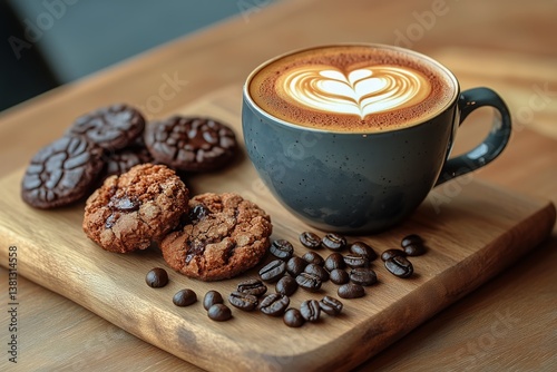 Warm Cup of Coffee With Cookies on Wooden Board in Cozy Setting