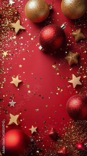 Festive Red Background With Shiny Ornaments and Stars for Holiday Celebration