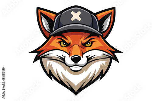 Fox Head Mascot with Cap, Orange Fur and Yellow Eyes on White Background Cartoonish