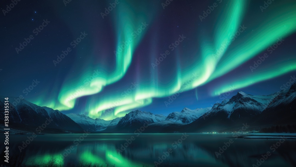 Obraz premium Aurora borealis over a beach. Stunning northern lights. Star-filled sky with polar lights. Winter night landscape featuring aurora, a reflective sea, city lights, and snowy mountains.