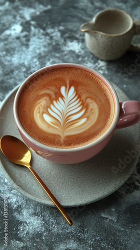 Delicate Latte Art in a Pink Cup on a Cozy Table With Soft Textures and Muted...
