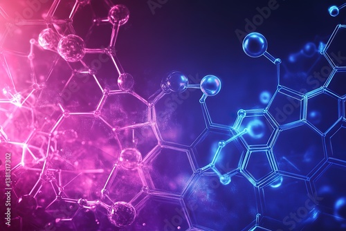 Hexagonal molecular structure in pink - blue gradient on a dark background, representing molecular science and technology.