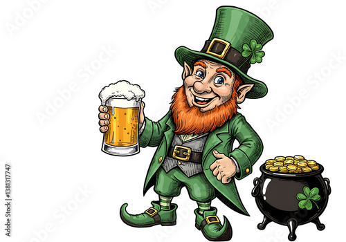 St patrick's day leprechaun with beer and pot of gold illustration