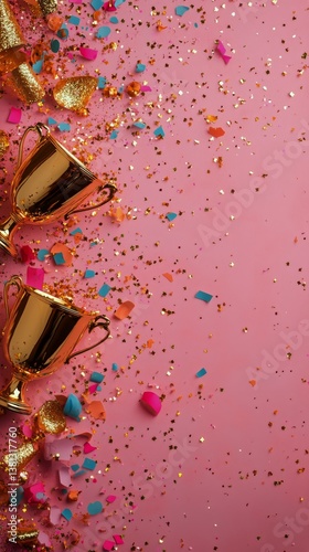 Winning Trophies Adorned With Confetti on a Vibrant Pink Background for Celeb...