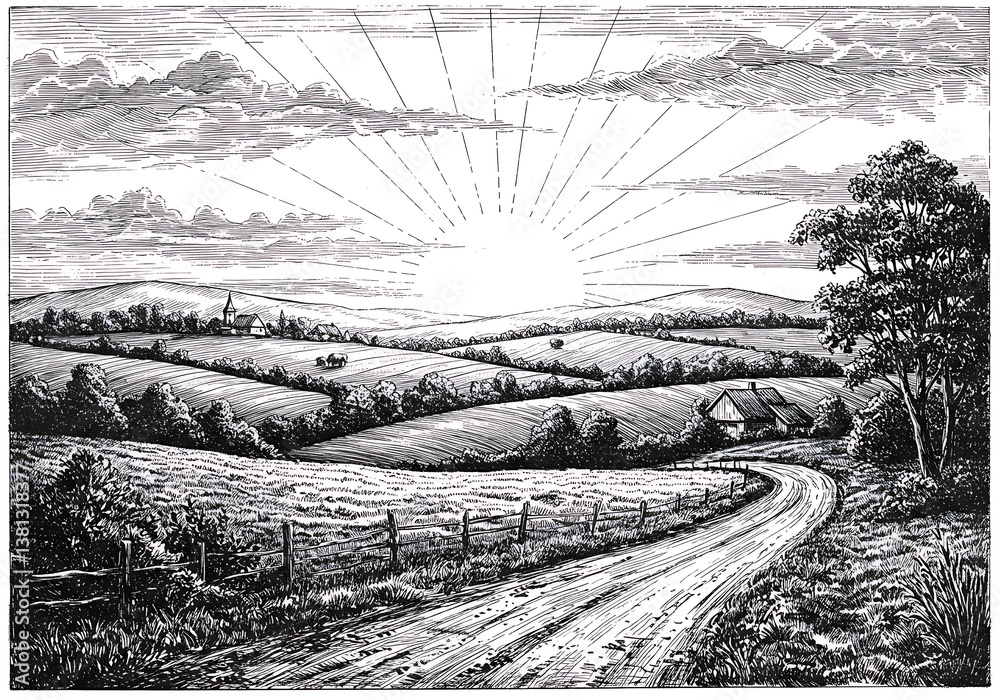 Fototapeta premium Vintage rural landscape illustration with sunrise and country road art