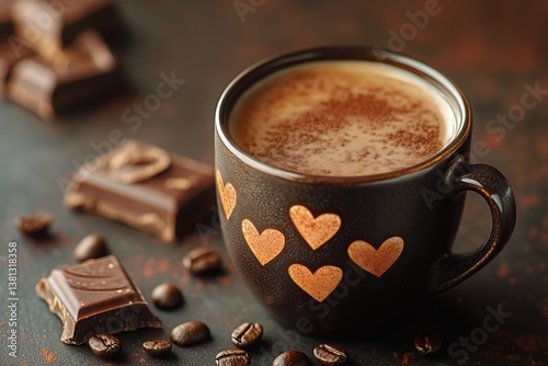 Warm Coffee Cup With Heart Design Alongside Chocolate Pieces and Coffee Beans