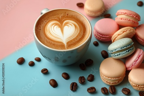 Delicious Coffee With Heart Design and Colorful Macarons on a Pastel Background