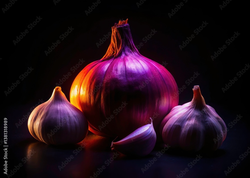 Obraz premium Silhouette Garlic Cloves, Black Background, Isolated Food Photography, Dark Gourmet Image, Single Garlic Bulb Silhouette