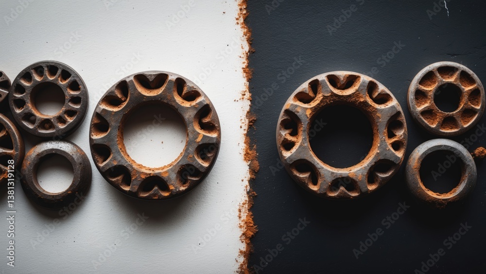 Fototapeta premium Rusty old screws with washers - on a plain background.