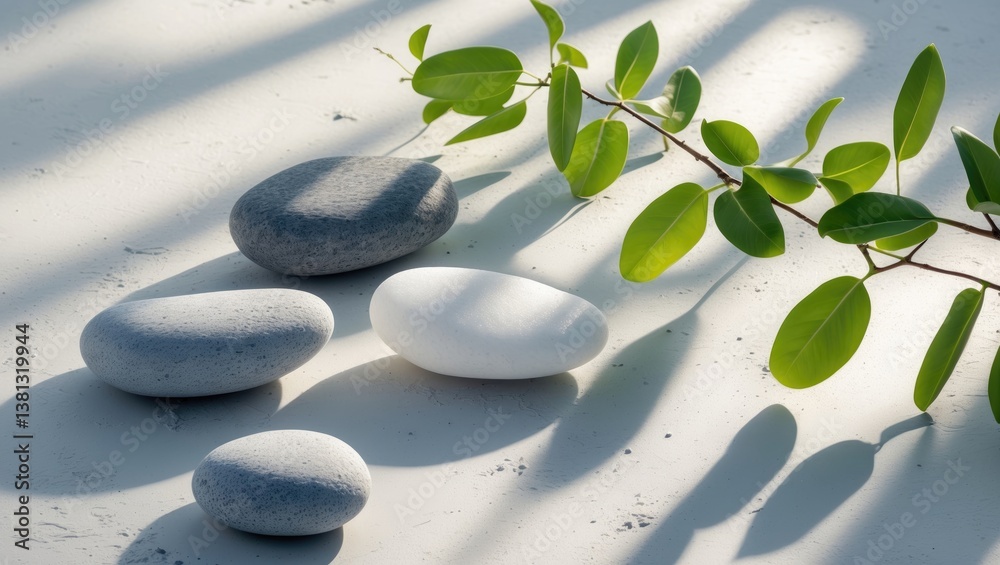 Salt stones and green leaves of riskus illuminated by sunlight, casting shadows on a white gray concrete surface. Salt stones and green leaves of riskus illuminated by sunlight, casting shadows on a white gray concrete surface.