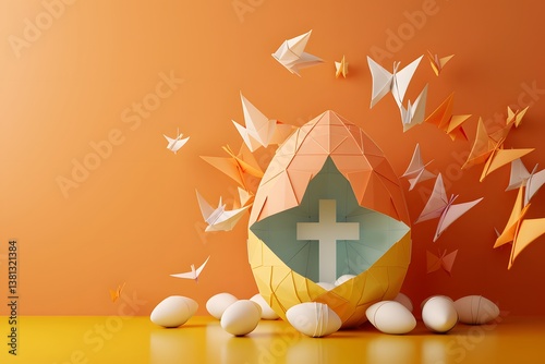 Origami Easter egg with a hidden cross, symbolizing faith and hope, illuminated by golden light in a religious wallpaper.