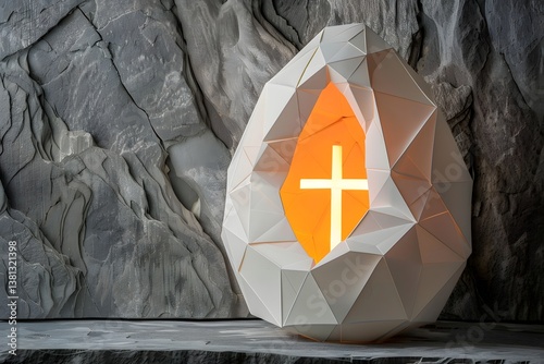 Origami Easter egg with a hidden cross, symbolizing faith and hope, illuminated by golden light in a religious wallpaper.