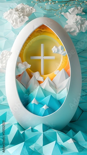Origami Easter egg with a hidden cross, symbolizing faith and hope, illuminated by golden light in a religious wallpaper.
