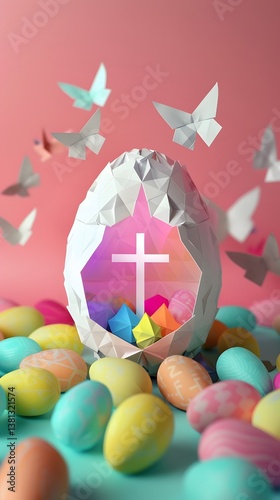 Origami Easter egg with a hidden cross, symbolizing faith and hope, illuminated by golden light in a religious wallpaper.