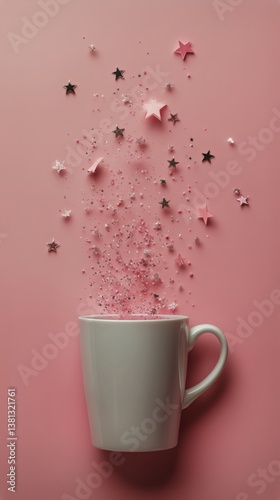 Stars and Sparkles Emerging From a White Cup Against a Pink Background