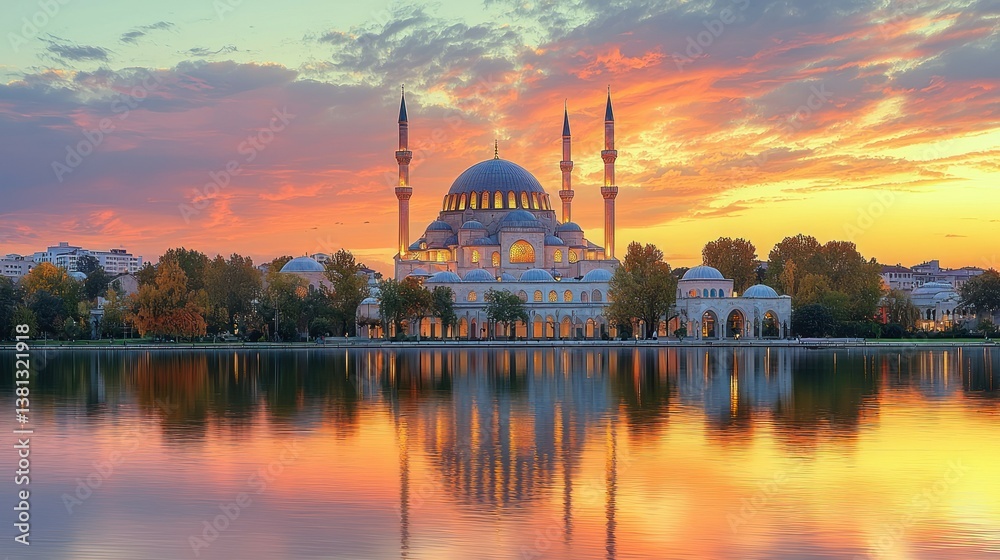 Fototapeta premium Selimiye Mosque at Sunset: A Stunning Reflection of Faith and Tranquility