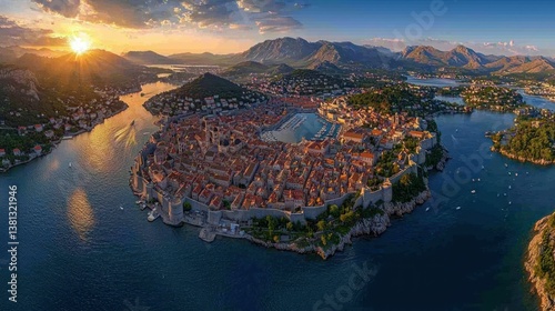 Aerial View of Dubrovnik at Sunset: A Croatian Coastal Paradise