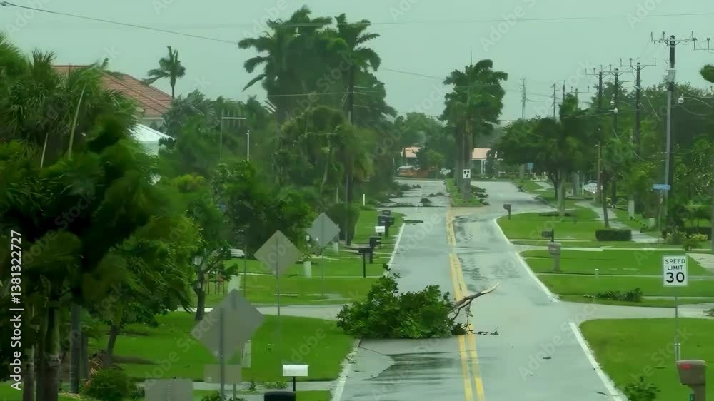 Hurricane wind blowing and causing damage to houses and trees on a street. Extreme weather due to climate change.