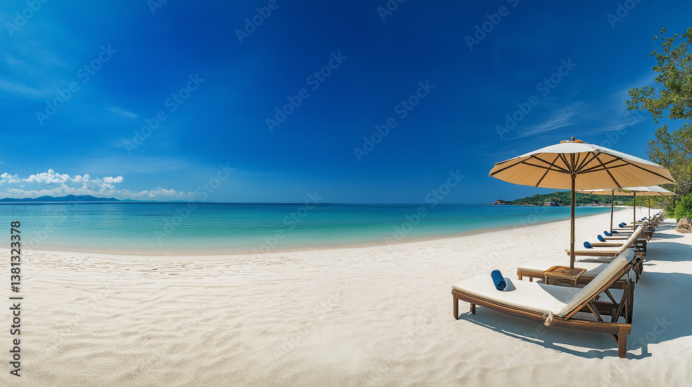 Obraz premium Tropical Beach with Lounge Chairs and Umbrella on White Sand Under Bright Blue Sky Perfect for Summer Vacation Background, Luxury Resort Destination, Relaxation Concept, or Travel Advertisement Design