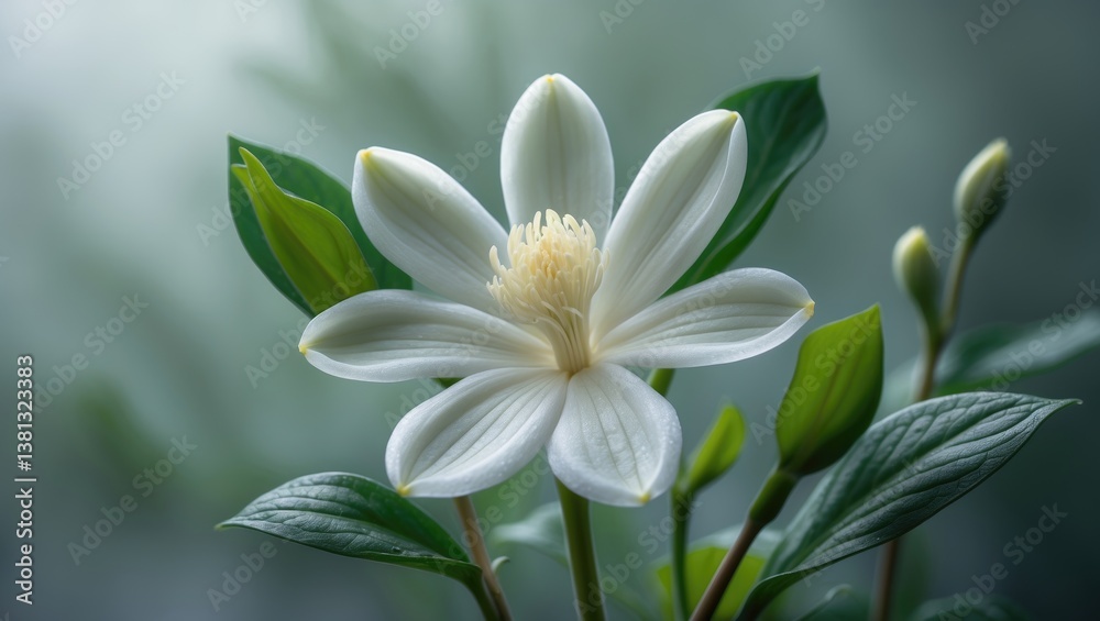 Bright white flower flourishes alongside vibrant green leaves, highlighting nature's beauty. Bright white flower flourishes alongside vibrant green leaves, highlighting nature's beauty.