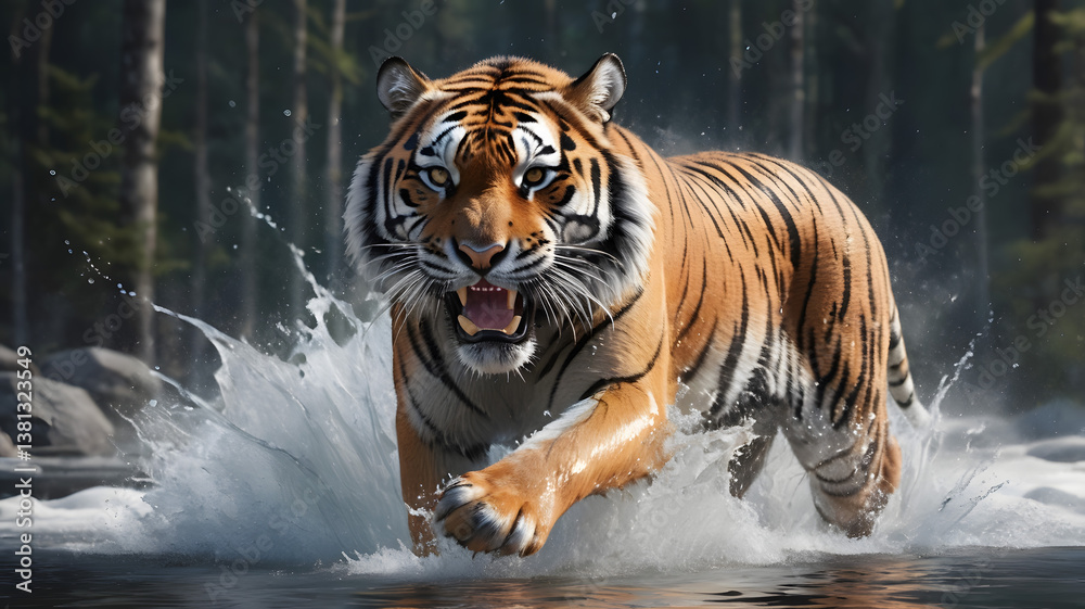 Obraz premium Majestic Siberian Tiger Charging Through Water