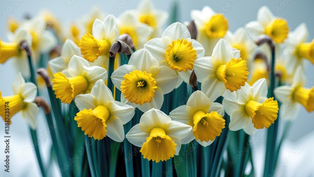 Bright studio image of a cluster of blooming daffodils set against a backdrop. Bright studio image of a cluster of blooming daffodils set against a backdrop.