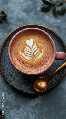 Delicate Latte Art in a Pink Cup on a Cozy Table With Soft Textures and Muted...