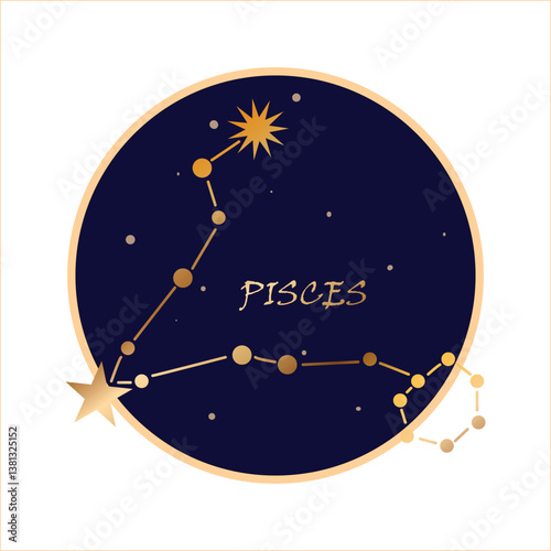 Golden constellation in the night sky. Zodiac sign Pisces in a circle. Astrology, Astronomy. Stars. Starry sky. Vector illustration.