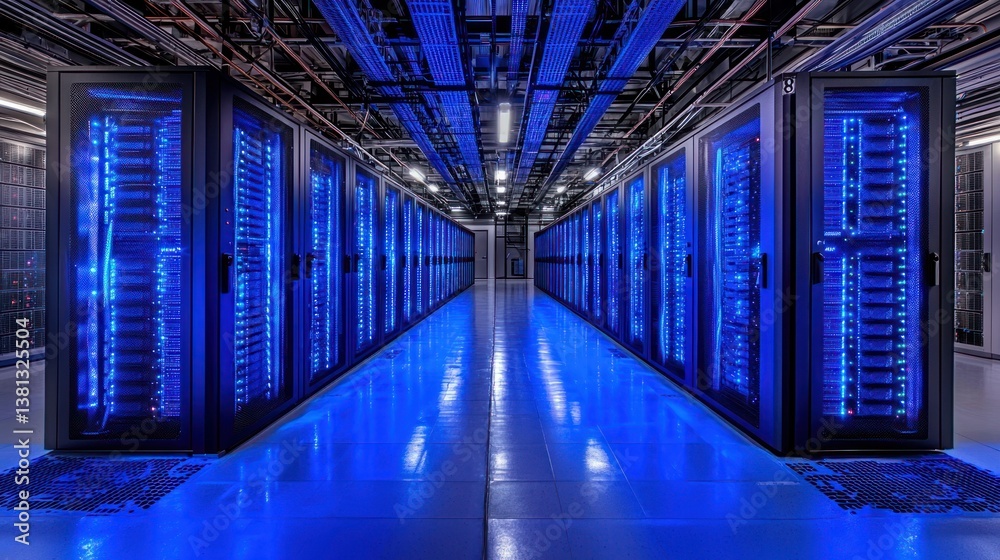 Massive server farm, rows of server racks illuminated by blue LED lights, creating a futuristic and technological atmosphere. Extensive data center infrastructure Massive server farm, rows of server racks illuminated by blue LED lights, creating a futuristic and technological atmosphere. Extensive data center infrastructure