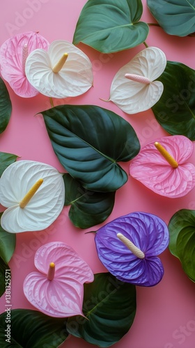 Vibrant Arrangement of Colorful Flowers and Lush Green Leaves on a Pink Background