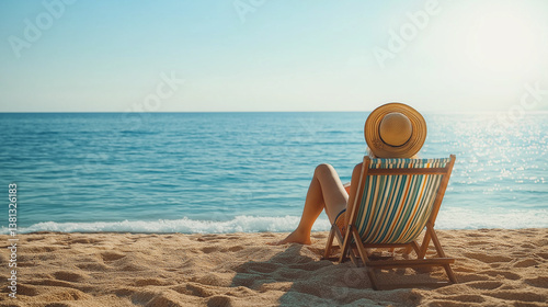 Woman Relaxing on Beach Chair Facing Ocean Under Bright Sunlight Perfect for Summer Vacation Concept, Travel and Tourism Promotion, Seaside Lifestyle, Relaxation Background, or Beach Holiday Design