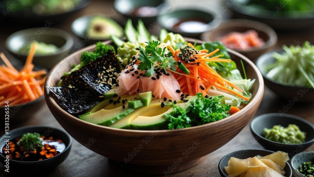 Sprinkling sesame seeds on a cooked poke bowl in close-up. Traditional dishes consisting of sliced vegetables, fish, and greens, accompanied by dried seaweed. Healthy vegetarian cuisine. Asian vega...