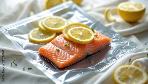 Salmon fillets in a vacuum-sealed package. Sous-vide cooking, modern culinary technology. Selective focus, space for text.