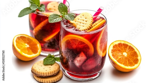 Refreshing, festive, and flavorful beverage.  Two glasses of a ruby-red drink, garnished with orange slices, mint leaves, and biscuit cookies.  Ice cubes are visible within