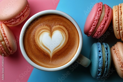 Delicious Coffee With Heart Design and Colorful Macarons on a Pastel Background