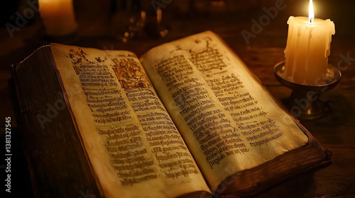 Antique open book, illuminated manuscript, dimly lit candlelight, aged parchment