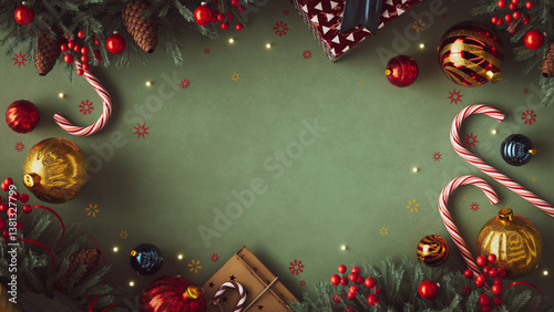 Festive Christmas Decorations with Ornaments and Candy Canes on Green Background