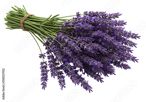 Fresh lavender stems neatly arranged, vibrant purple and clearly detailed, isolated white.
 photo