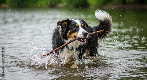 Happy dog playing with a stick in a splashing water background  