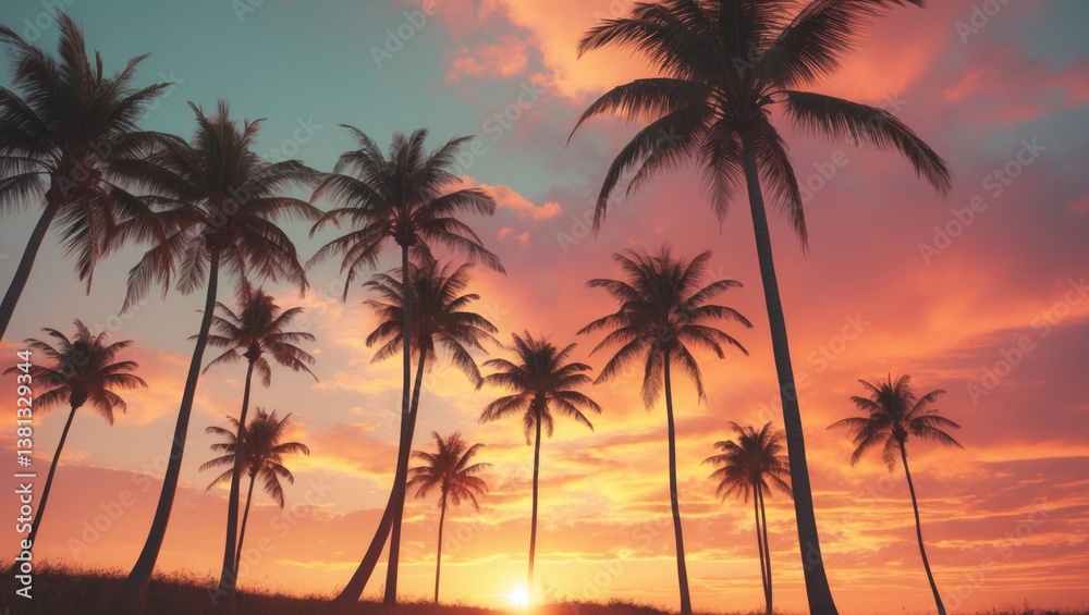 Obraz premium Romantic ambiance of tropical palm trees with sunlight in the background. Outdoor sunset exotic foliage, close-up nature view. Coconut palm trees and radiant sun above a bright sky. Summer spring n...