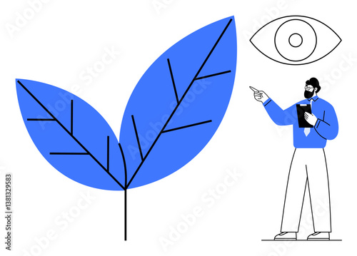 Large blue leaves and an eye symbol highlight nature awareness while a man with a tablet gestures to analyze, ideal for eco-education, sustainability, observation, awareness, research, mindfulness